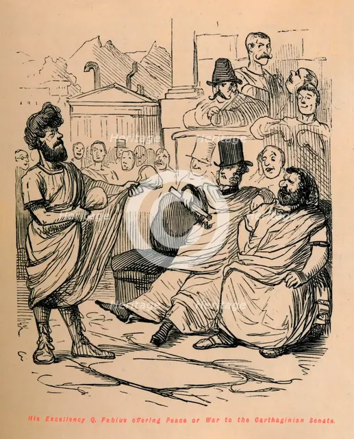 'His Excellency Q Fabius offering Peace or War to the Carthaginian Senate', 1852. Artist: John Leech.