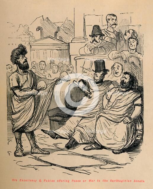 'His Excellency Q Fabius offering Peace or War to the Carthaginian Senate', 1852. Artist: John Leech.