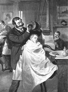 His First Visit to the Barber's--'Hard or Medium, Sir? 1890. Creator: Unknown