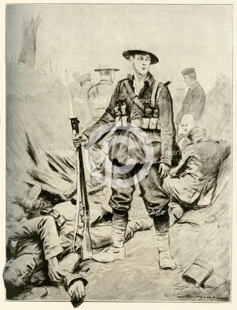'His Hour of Triumph, Fine Study of a Soldier in a Conquered Enemy Trench', 1917. Creator: Unknown.