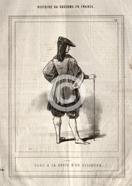 Histoire du Costume en France: Gens à la suite dun seigneur, 1843. Creator: Paul Gavarni (French, 1804-1866).