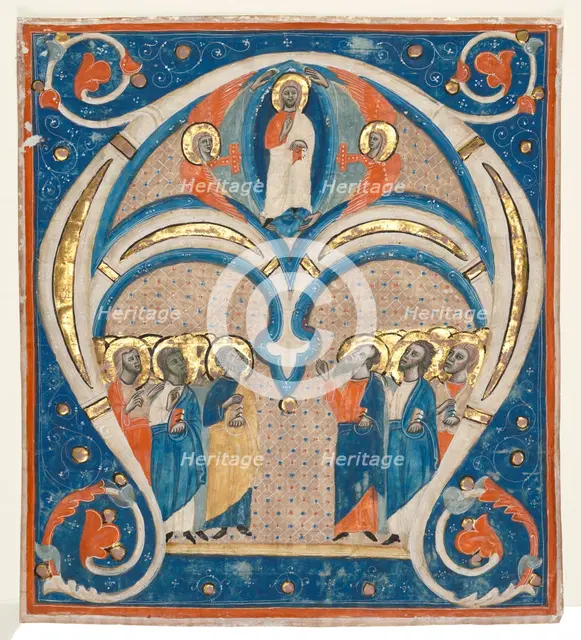 Historiated Initial (A) Excised from a Responsorial: Christ in Majesty with Saints, c. 1280-1300. Creator: Unknown.