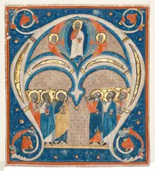 Historiated Initial (A) Excised from a Responsorial: Christ in Majesty with Saints, c. 1280-1300. Creator: Unknown