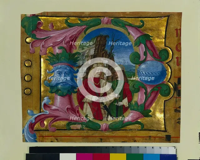 Historiated Initial (D) Excised from a Choir Book: Two Martyr Saints, c. 1500-1510. Creator: Girolamo dai Libri (Italian, 1474-1555), circle of.