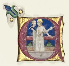 Historiated Initial (E) Excised from an Antiphonary: Risen Christ in the Tomb, c. 1420-1450. Creator: Unknown