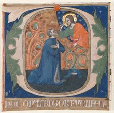 Historiated Initial (O) Excised from an Antiphonary: The Donor, Gorus Fucci, Kneels before Christ, c Creator: Unknown