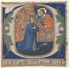 Historiated Initial (O) Excised from an Antiphonary: The Donor, Gorus Fucci, Kneels before Christ, c Creator: Unknown