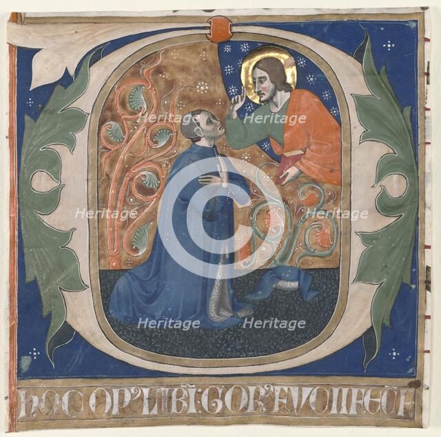 Historiated Initial (O) Excised from an Antiphonary: The Donor, Gorus Fucci, Kneels before Christ, c Creator: Unknown.
