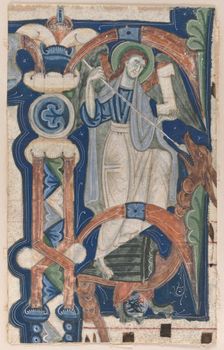 Historiated Initial (P) Excised from a Choral Book: St. Michael and the Dragon, early 1200s. Creator: Unknown