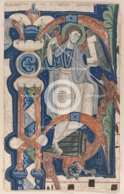 Historiated Initial (P) Excised from a Choral Book: St. Michael and the Dragon, early 1200s. Creator: Unknown.