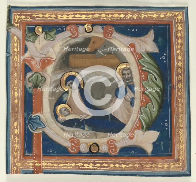 Historiated Initial (P) Excised from a Gradual: The Nativity, c. 1350-1375. Creator: Lippo Vanni (Italian), attributed to.
