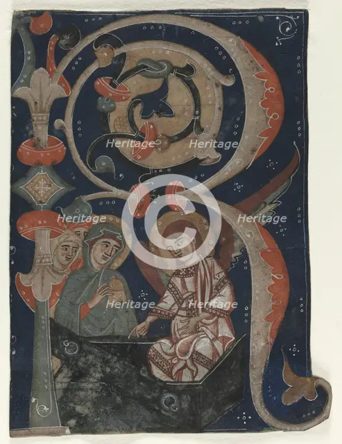 Historiated Initial (R) Excised from a Gradual: The Three Marys at the Tomb, c. 1200-1230. Creator: Unknown.