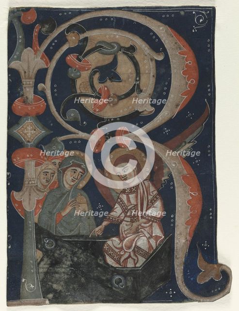 Historiated Initial (R) Excised from a Gradual: The Three Marys at the Tomb, c. 1200-1230. Creator: Unknown.
