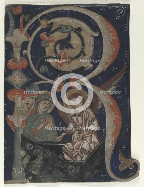 Historiated Initial (R) Excised from a Gradual: The Three Marys at the Tomb, c. 1200-1230. Creator: Unknown.