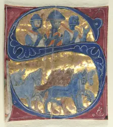 Historiated Initial (S) Excised from a Bible: Soldiers and Horses, 1200s. Creator: Unknown