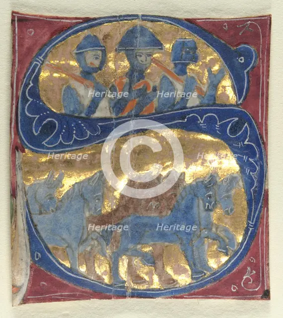 Historiated Initial (S) Excised from a Bible: Soldiers and Horses, 1200s. Creator: Unknown.