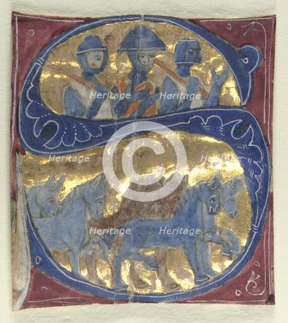 Historiated Initial (S) Excised from a Bible: Soldiers and Horses, 1200s. Creator: Unknown.