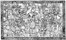 Historical and allegorical figures, tapestry at Hampton Court Palace, Richmond, London, 1930