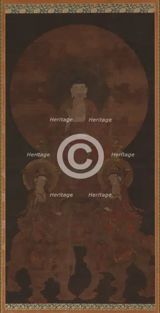 Historical Buddha Shakyamuni with the bodhisattvas Fugen..., Muromachi period, 15th century. Creator: Unknown.