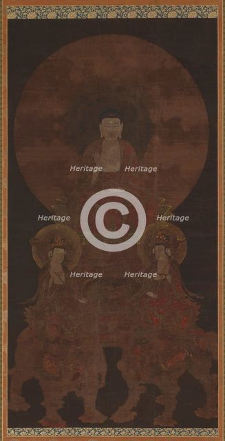 Historical Buddha Shakyamuni with the bodhisattvas Fugen..., Muromachi period, 15th century. Creator: Unknown.