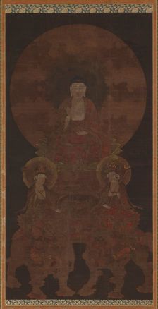 Historical Buddha Shakyamuni with the bodhisattvas Fugen..., Muromachi period, 15th century. Creator: Unknown