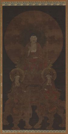Historical Buddha Shakyamuni with the bodhisattvas Fugen..., Muromachi period, 15th century. Creator: Unknown