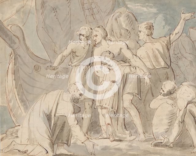 Historical Subject with Men and a Boy Near a Ship (recto)..., 1770-80. Creator: William Hamilton.