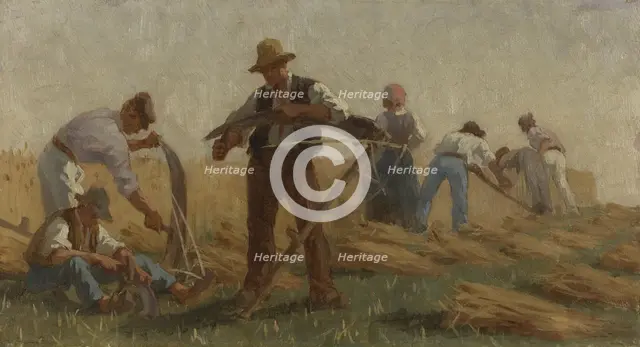History of wheat: Harvesters sharpening their scythes. Sketch for the drawing room in the..., 1879. Creator: Paul Albert Baudouin.