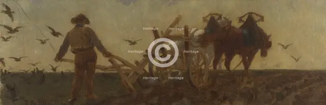 History of wheat: ploughing, sowing, harrowing: Sketch for the drawing room at the school..., 1879. Creator: Paul Albert Baudouin.