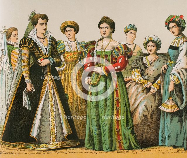 History of Italy: Madam's dresses, 1500-1600, (1881).  Creator: Unknown.
