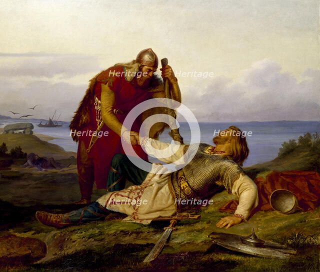 Hjalmar bids farewell to Örvar-Oddr after the Battle of Samsø, 1866. Creator: Winge, Marten Eskil (1825-1896).