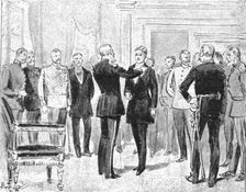 H.R.H. The Prince of Russia Investing H.R.H. The Prince of Wales with the Order of the..., 1891. Creator: Unknown