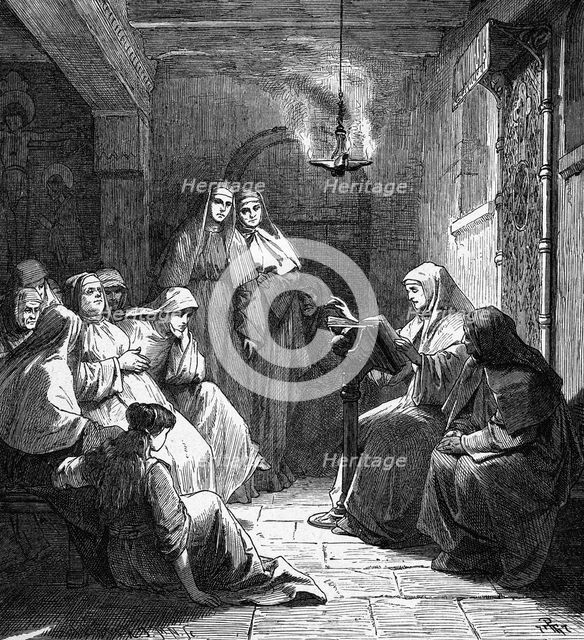 Hrotsvit as the canoness of the Gandersheim Abbey , 19th century.