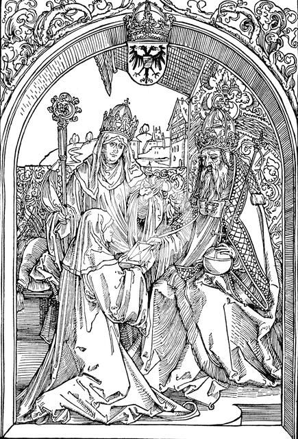 'Hrotsvitha Presenting Her Book to the Emperor Otto I', 1501 (1906). Artist: Albrecht Durer.