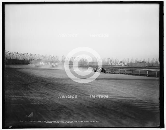 H.S. Harkness in his Mercedes-Simplex, winning five-miles event...Grosse Pointe track...c1902. Creator: Unknown.
