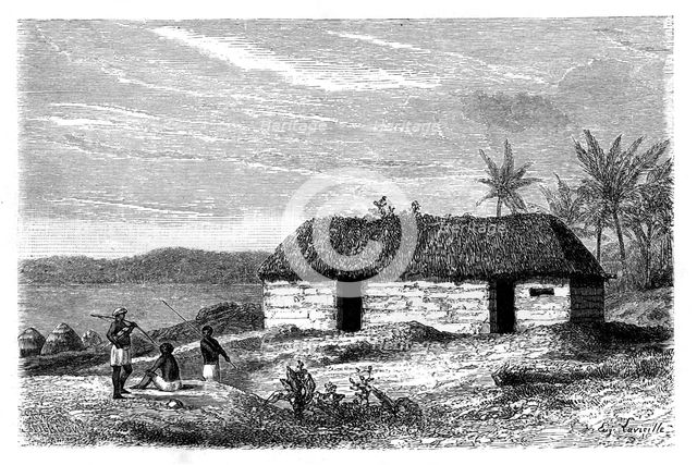 Hut at the edge of Lake Tanganyika, Congo, 19th century.Artist: Lavielle