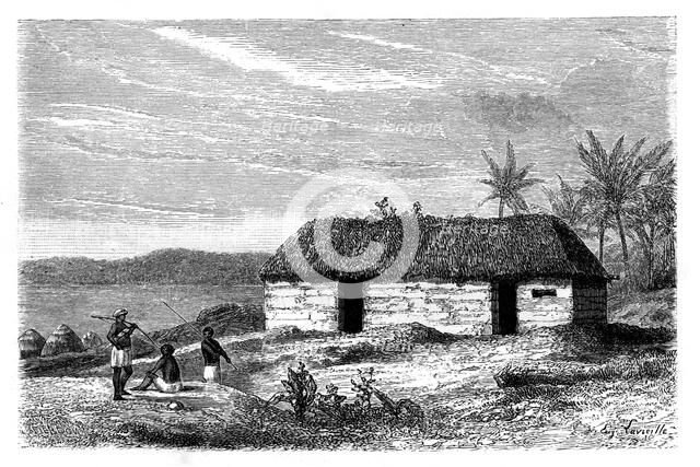 Hut at the edge of Lake Tanganyika, Congo, 19th century.Artist: Lavielle