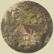Hut in the woods with some cattle, a church tower on the left, 1788. Creator: Jacob Cats
