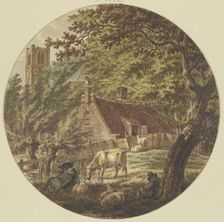 Hut in the woods with some cattle, a church tower on the left, 1788. Creator: Jacob Cats