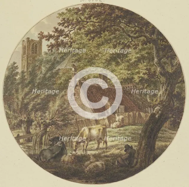Hut in the woods with some cattle, a church tower on the left, 1788. Creator: Jacob Cats.