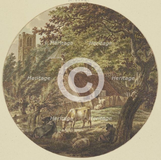 Hut in the woods with some cattle, a church tower on the left, 1788. Creator: Jacob Cats.