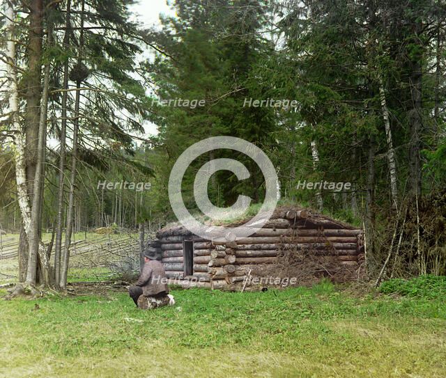 Hut in the forest, for woodcutters and kuria (coal burning), 1912. Creator: Sergey Mikhaylovich Prokudin-Gorsky.