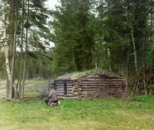 Hut in the forest, for woodcutters and kuria (coal burning), 1912. Creator: Sergey Mikhaylovich Prokudin-Gorsky