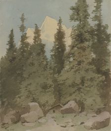 Hut surrounded by trees near the Rosenlaui Glacier, 1856. Creator: Carl Theodor Reiffenstein