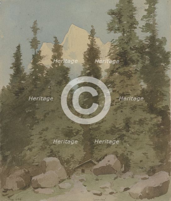 Hut surrounded by trees near the Rosenlaui Glacier, 1856. Creator: Carl Theodor Reiffenstein.