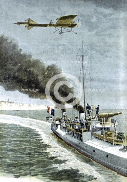 Hubert Latham attempting to fly his Antoinette monoplane across the English Channel, 1909. Artist: Unknown
