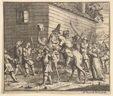 Hudibras and Ralpho Made Prisoners and Carried to the Stocks (Seventeen Small Illustrat..., 1721-26. Creator: William Hogarth