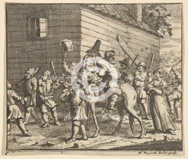 Hudibras and Ralpho Made Prisoners and Carried to the Stocks (Seventeen Small Illustrat..., 1721-26. Creator: William Hogarth.