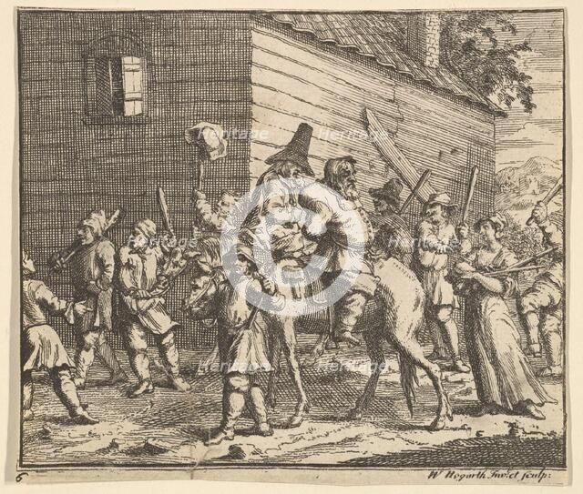 Hudibras and Ralpho Made Prisoners and Carried to the Stocks (Seventeen Small Illustrat..., 1721-26. Creator: William Hogarth.