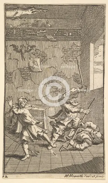 Hudibras Beating Sidrophel and Whachum (Seventeen Small Illustrations for Samuel Butler..., 1721-26. Creator: William Hogarth.
